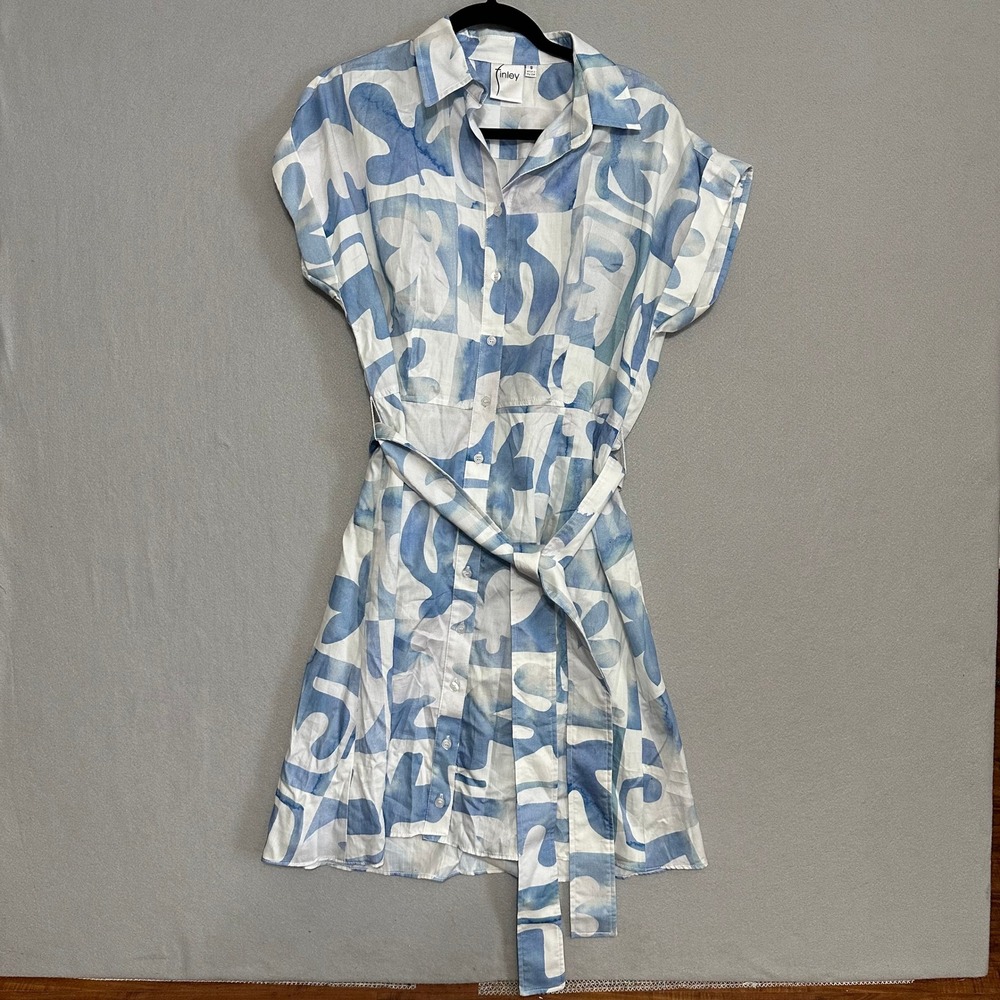 Finley Women Blue White Watercolor Cotton Button Front Belted Mini Dress